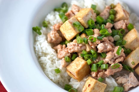 Turkey and tofu with green onions over rice.