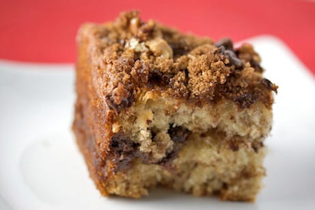 Close-up of a slice of banana coffee cake.