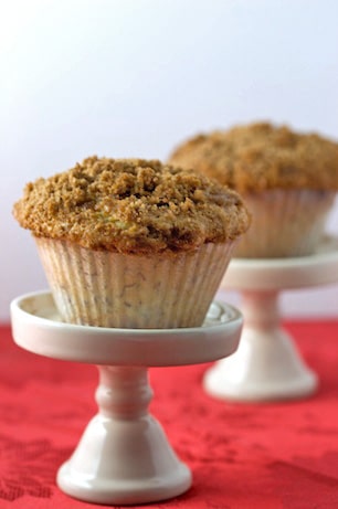 Banana crumb muffins on mini cake stands.