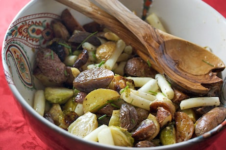 Roasted White Asparagus, New Potatoes and Brussels Sprouts with Dijon Vinaigrette