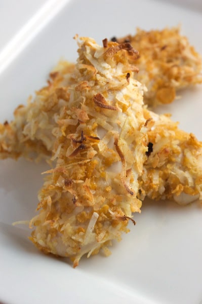 Close-up of coconut chicken fingers.