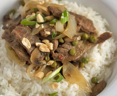 Steak and veggie stir-fry over rice.
