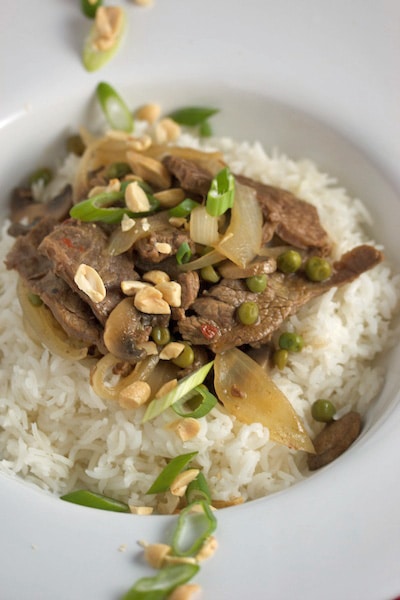 Steak and veggie stir-fry over rice.