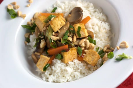 Tofu and veggies over rice.