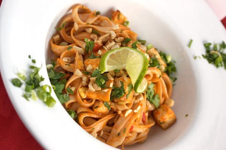 Crispy tofu pad Thai in a bowl.