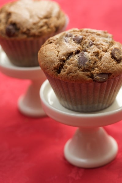 Close-up of mocha chocolate chip muffins.