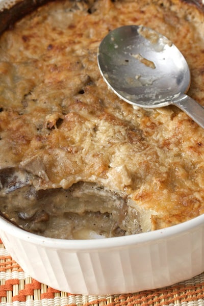 Casserole dish with potato and mushroom gratin.