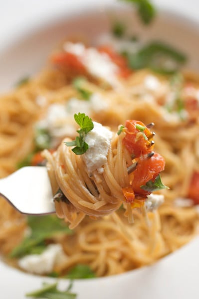 A close-up of spaghetti on a fork.