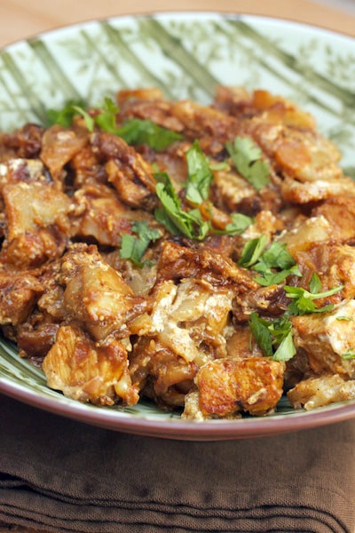 Curried pork in a serving bowl.