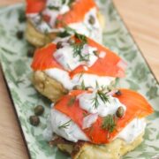 Platter of Potato Pancakes & Smoked Salmon with Dill Caper Sour Cream.