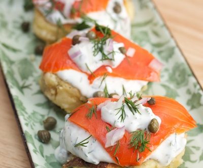 Platter of Potato Pancakes & Smoked Salmon with Dill Caper Sour Cream.