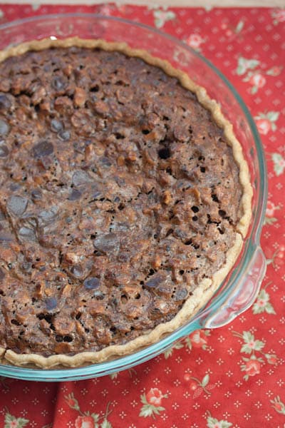 Overhead view of a hazelnut torte in a pie plate.