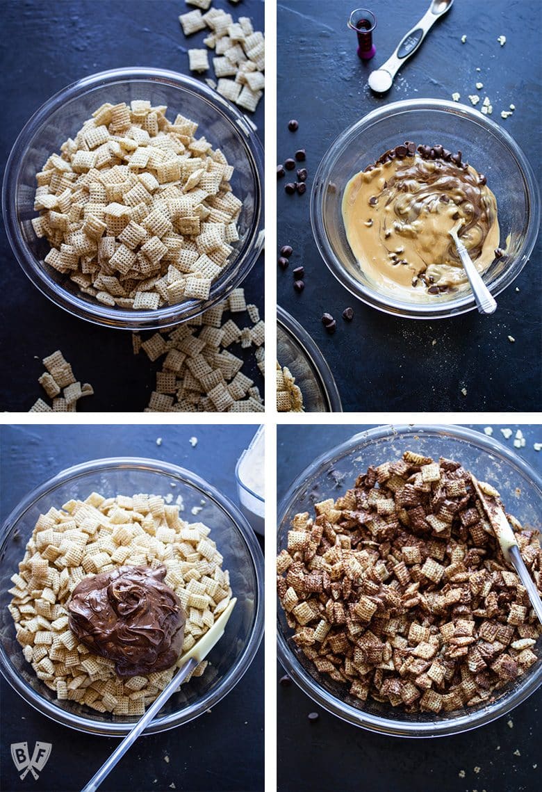 Overhead view of steps for making Puppy Chow (AKA Muddy Buddies)