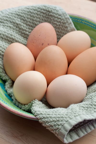 A bowl of farm fresh eggs.