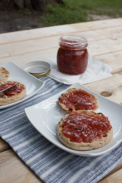 English muffins topped with homemade jam.
