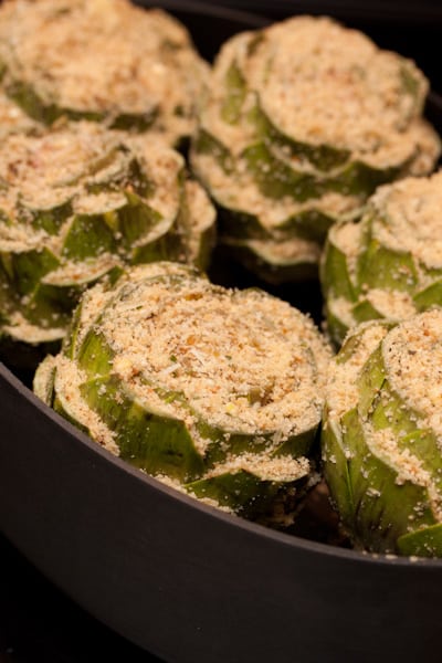 Stuffed artichokes before being cooked.