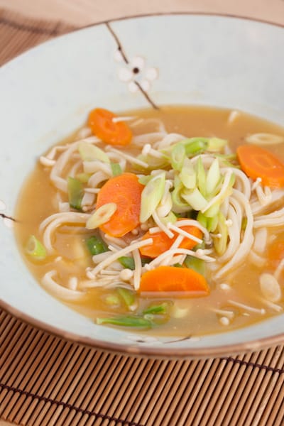 Udon miso noodle soup in a bowl.