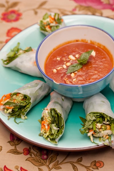 Vegetable summer rolls with a bowl of sauce in the middle.