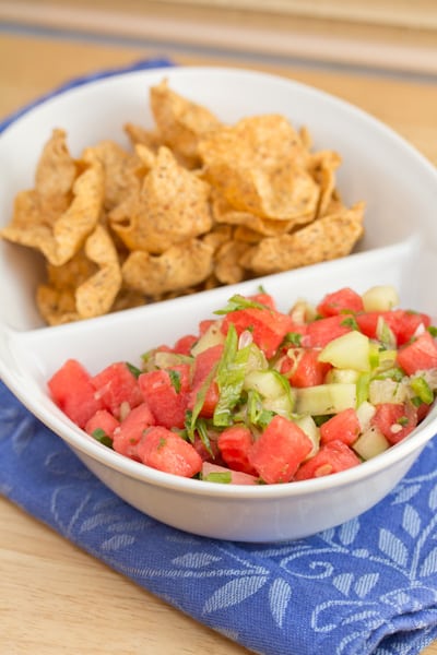 Watermelon salsa with tortilla chips alongside.