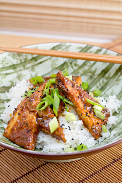 Tofu Triangles in Creamy Nut Butter Sauce with Scallions