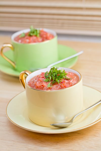 Two servings of strawberry gazpacho.