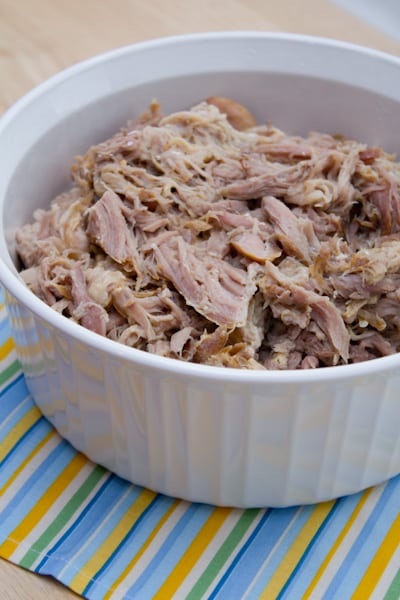 Shredded roast pork in a serving dish.