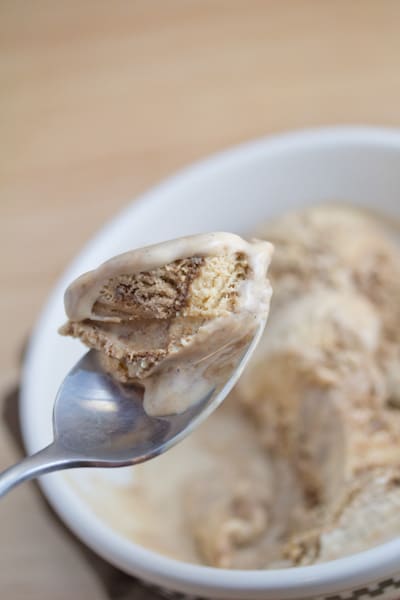 Spoon of ice cream with brown sugar and balsamic.