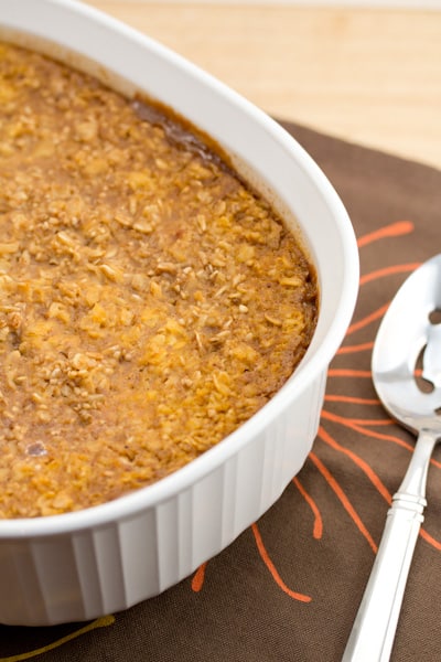 Baked pumpkin oatmeal in a baking dish.