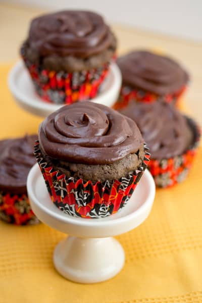 A close-up of chocolate cupcakes with chocolate frosting.