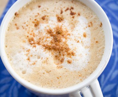 Overhead view of a pumpkin spice latte.