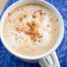 Overhead view of a pumpkin spice latte.