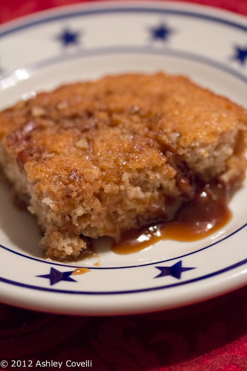 Cinnamon pudding cake on a plate.