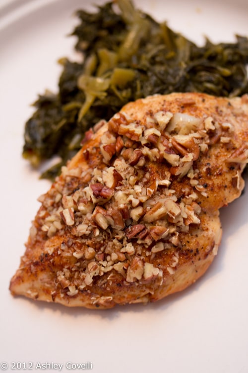 Pecan-crusted chicken with sautéed greens.