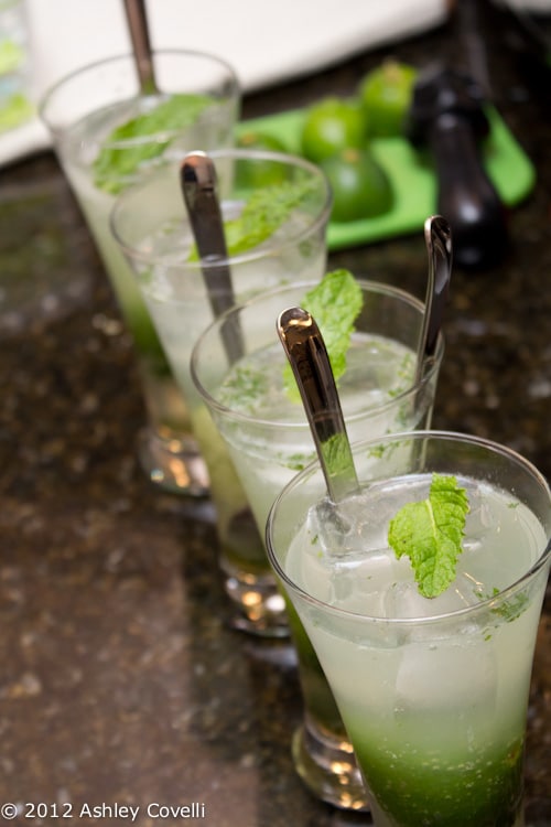 Glasses of mojitos garnished with fresh mint.