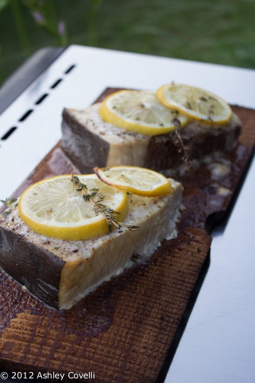 Cedar Plank Grilled Swordfish with Lemon and Thyme.