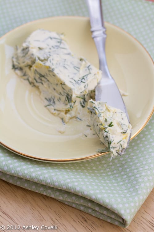 Lemon-dill compound butter with a knife for spreading.