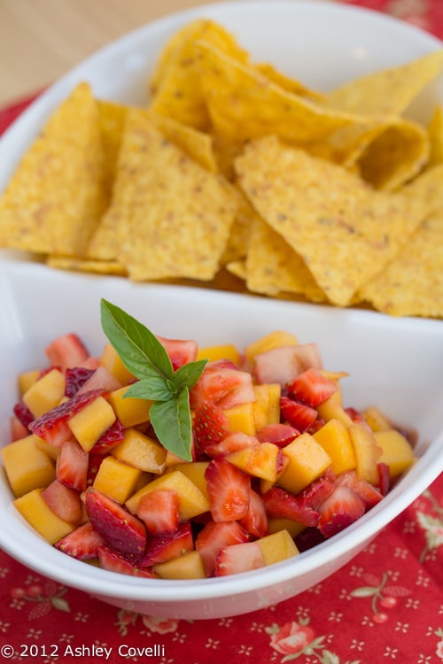 Mango-strawberry salsa with tortilla chips.