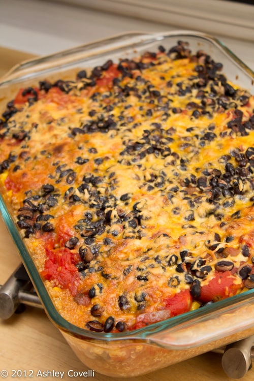 Mexican quinoa casserole in a baking dish.