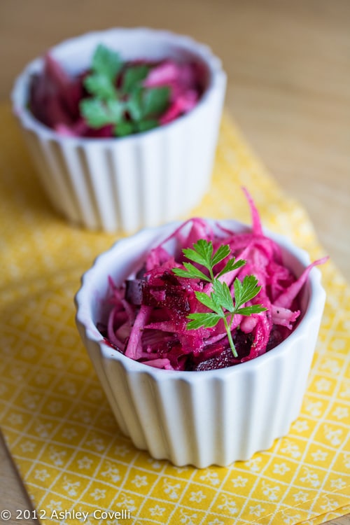 Ramekins of kohlrabi and beet slaw.