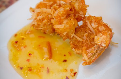 Coconut shrimp with orange dipping sauce.