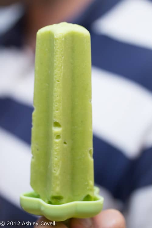 A close-up of an avocado paleta.