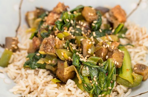 Eggplant Stir-fry with Bok Choy and Chicken in a bowl.