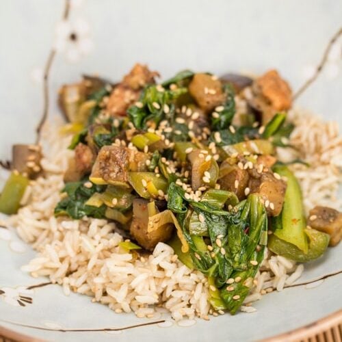 Eggplant Stir-fry with Bok Choy and Chicken in a bowl.