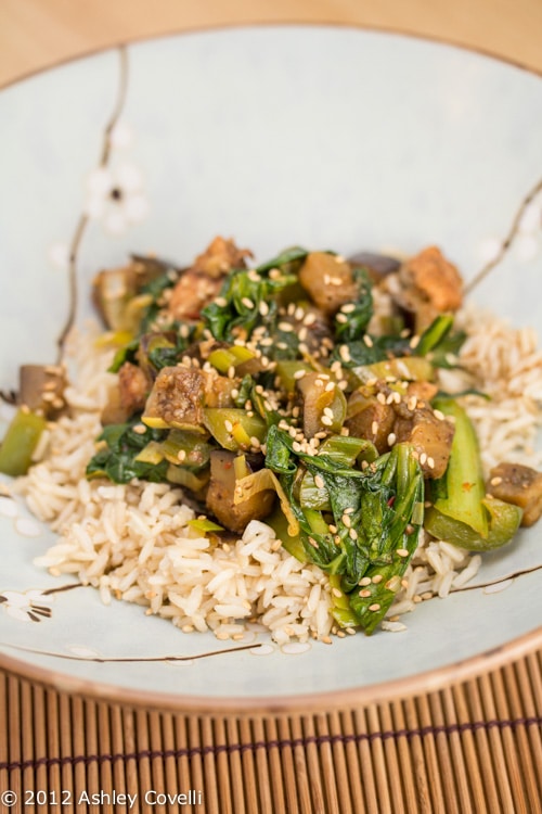 Eggplant Stir-fry with Bok Choy and Chicken in a bowl.