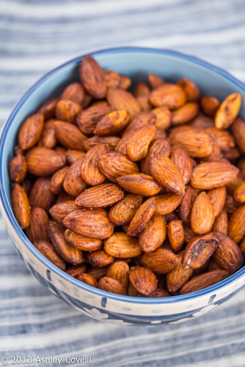 Overhead view of a bowl of spiced almonds.