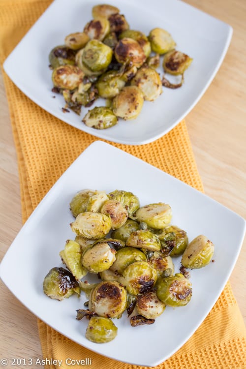 Plate of Mustard Roasted Brussels Sprouts with Capers.