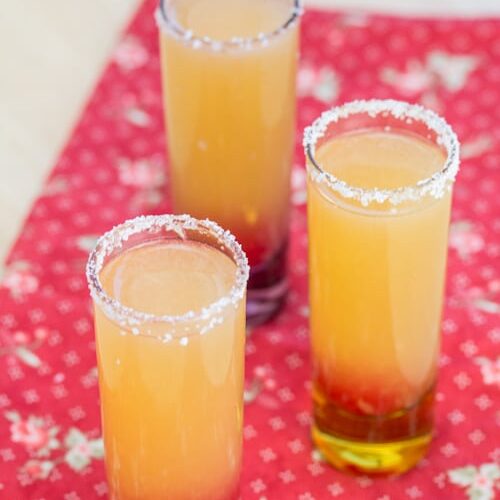 Three shot glasses with salted rims.