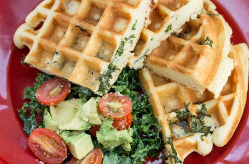 Tahini Kale Stuffed Belgian Waffles with Avocado Tomato Salad