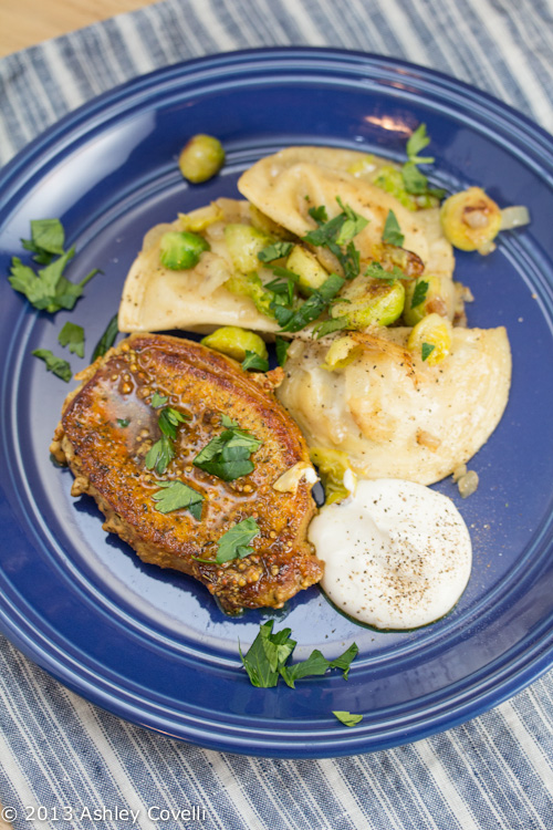 Mustard Spiced Pork Chops and Pierogis with Brussels Sprouts