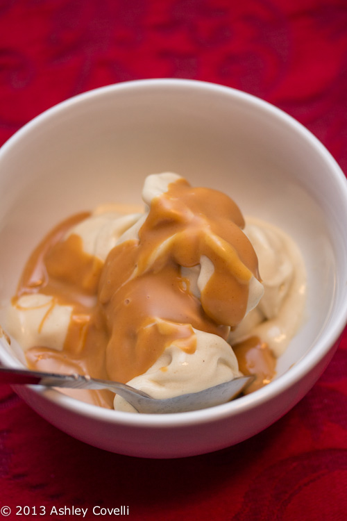 Banana “Ice Cream” with Peanut Butter Sauce in a bowl.